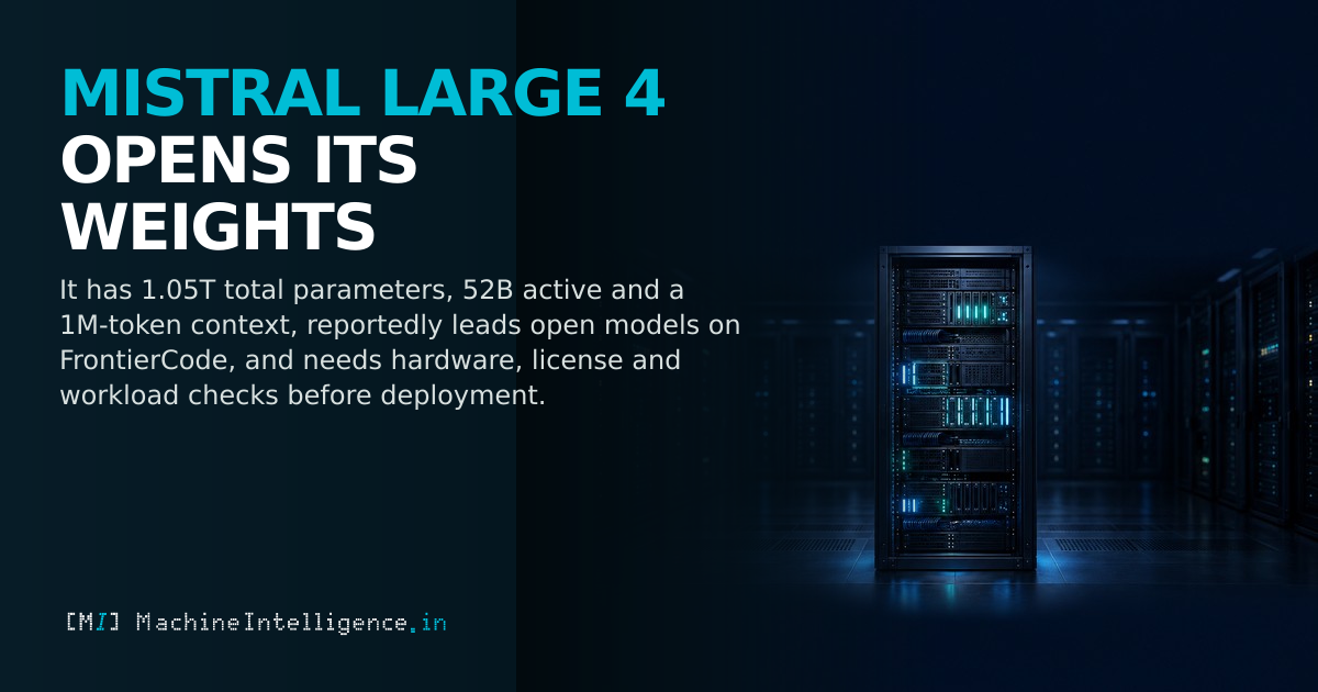 A densely packed server cabinet with only a small subset of modules illuminated evokes Mistral Large 4’s 1.05 trillion total parameters and 52 billion active parameters; the dark navy upper half leaves space for the headline.