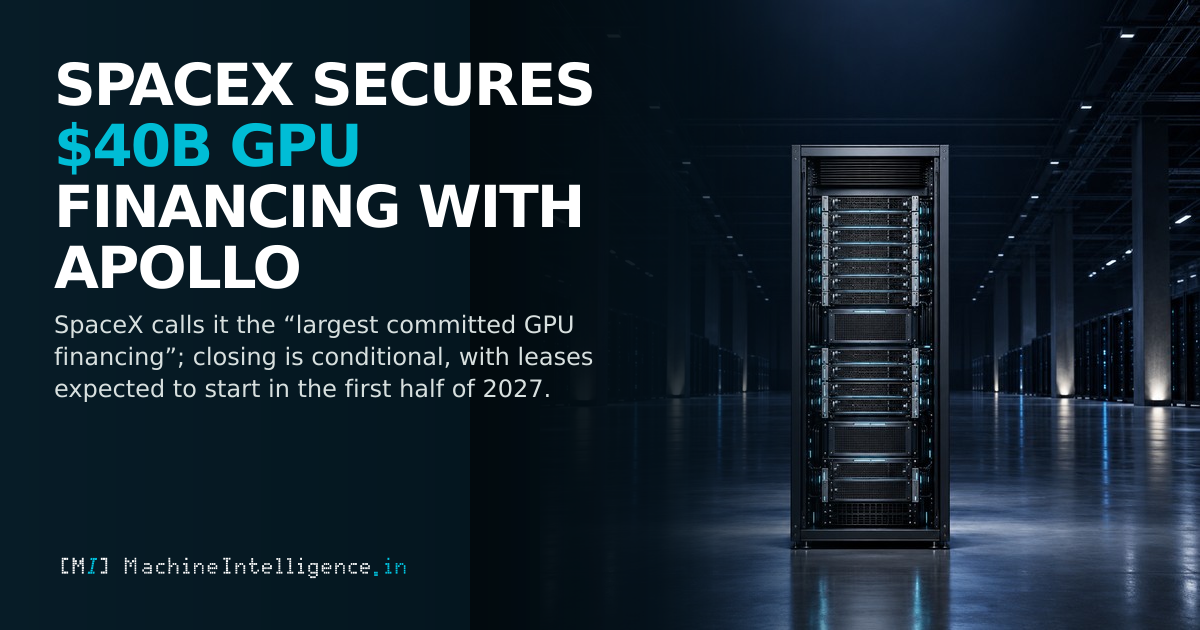 A cyan-lit GPU server rack against a navy data-centre background represents hardware financed through Apollo-managed equipment leases to SpaceX.