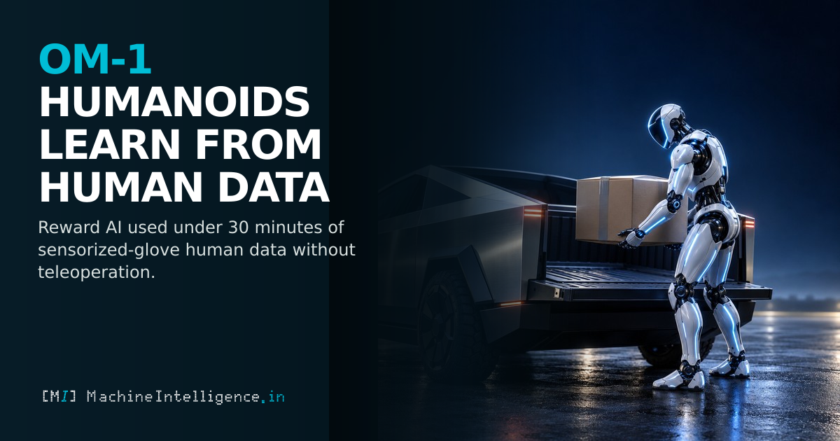 A glowing humanoid lifts a package from a Cybertruck against a dark navy background, depicting an unloading task demonstrated by Reward AI's OM-1 humanoids.