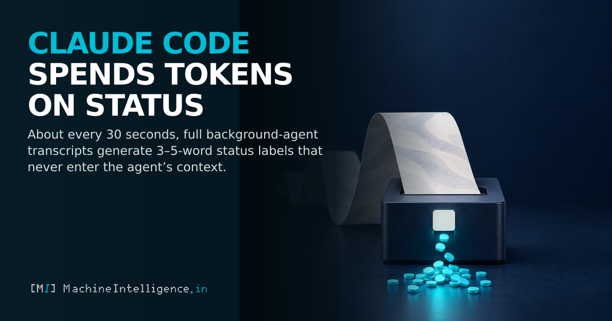 A long transcript passes through a terminal into a tiny blank status chip while counters accumulate below, illustrating the token cost of background-agent status summaries.