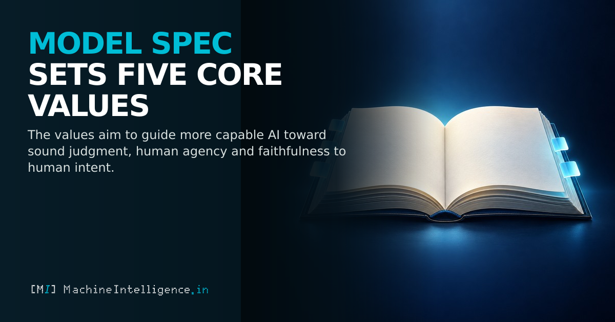 An open specification book with five glowing cyan tabs represents the updated Model Spec and its five core values for guiding AI behavior.