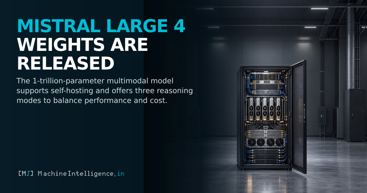 A server cabinet in a private computing room represents the self-hosted deployment enabled by Mistral Large 4’s released weights.
