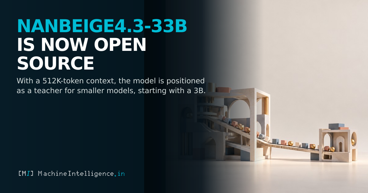 A large open modular structure transfers blocks to a smaller counterpart, illustrating Nanbeige4.3-33B's proposed role as a teacher for a 3B model.
