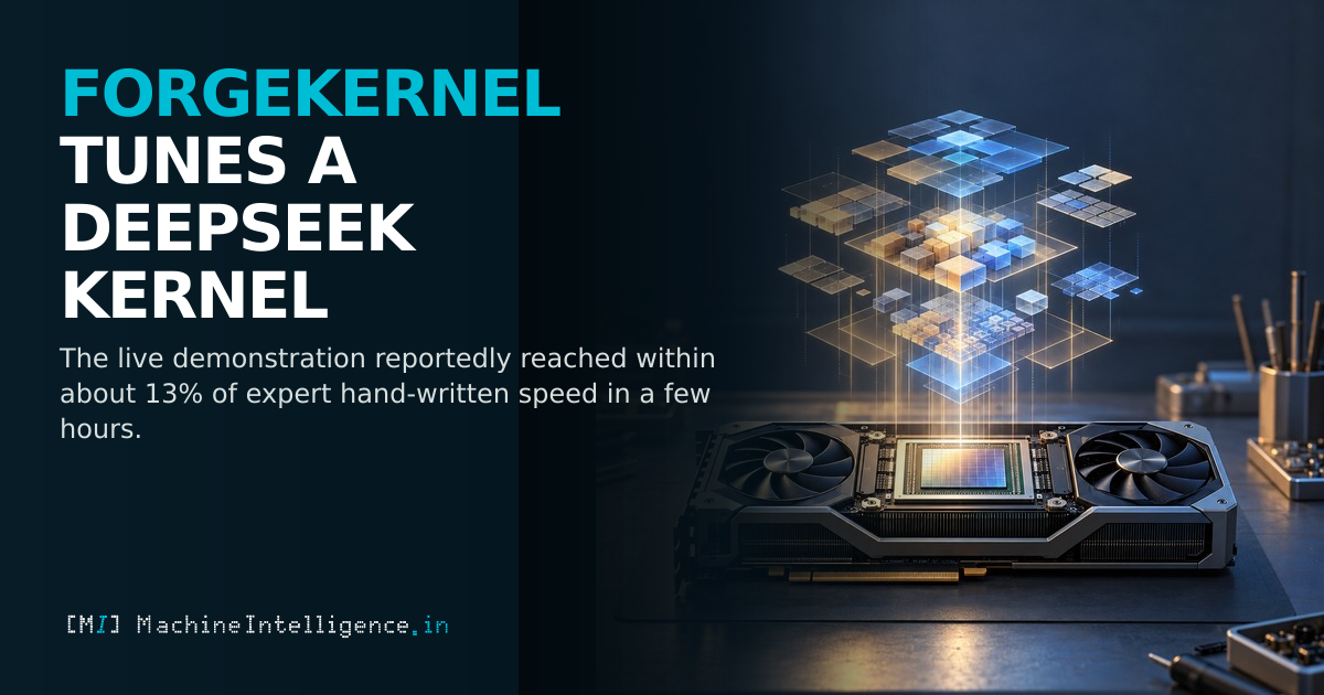 A GPU on an engineering workbench beneath interlocking computational tiles, symbolizing ForgeKernel repeatedly refining a DeepSeek GPU kernel.