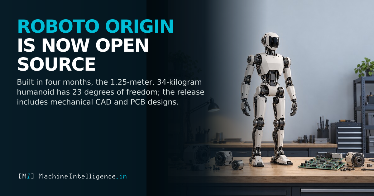 A simplified humanoid mechanical study stands beside joint housings and a circuit board, illustrating ROBOTO ORIGIN's release of mechanical CAD and PCB designs.