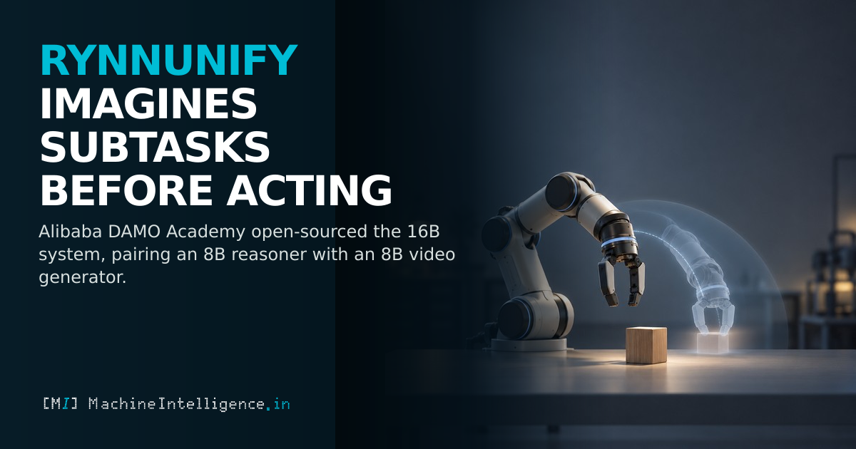 A robot arm pauses over a tabletop object while a translucent imagined scene shows its next movement, illustrating RynnUnify visualizing a subtask before acting.