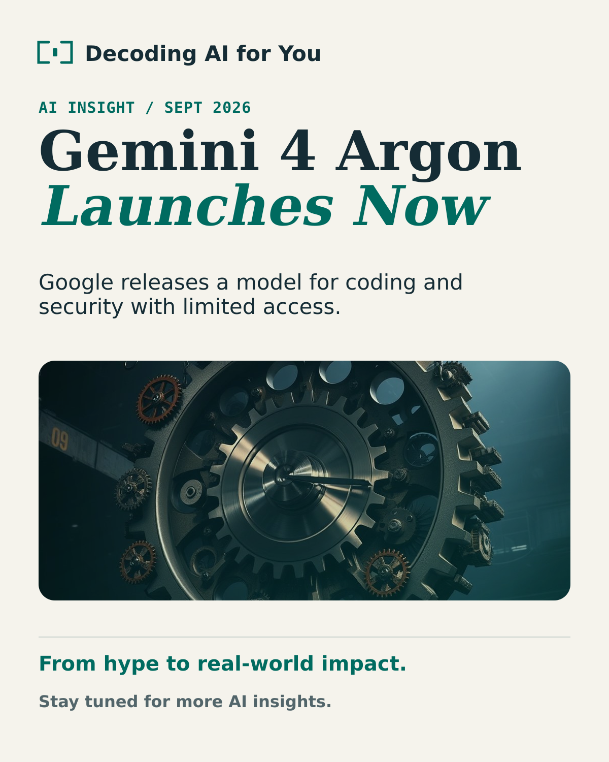 A central, active mechanical gear surrounded by static, disconnected gears, symbolizing the release of a new AI model with restricted access.