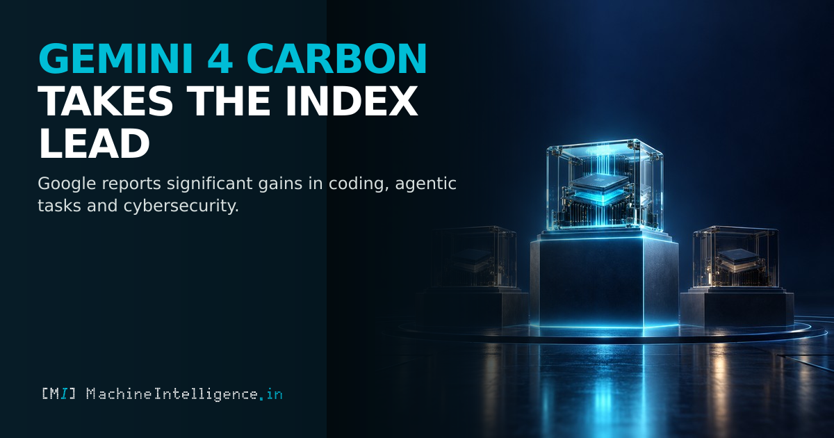 A cyan-lit computing module stands above two subdued modules, symbolizing Gemini 4 Carbon's lead on the Artificial Analysis Intelligence Index v5.0.